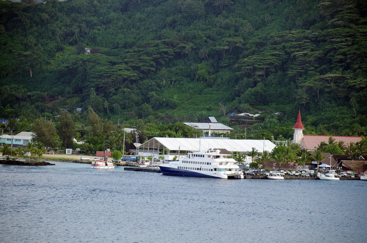 Vaitape waterfront and pier on Bora Bora, the main village and cruise tender port, French Polynesia